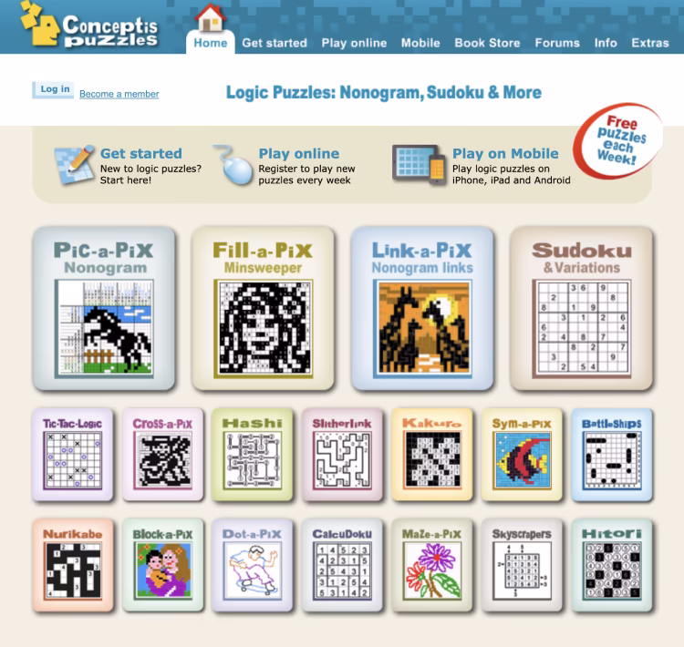 Conceptis Puzzles puzzle types including Sudoku, Nonograms, Hashi, and Slitherlink
