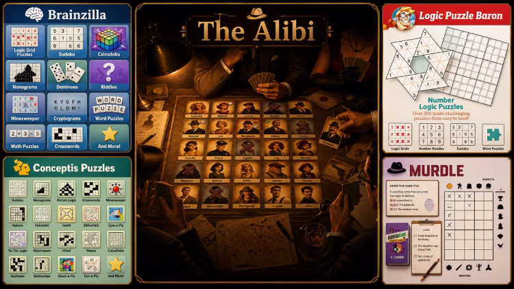 Alibi, Conceptis Puzzles, Murdle, Brainzilla, and Logic Puzzle Baron represented together as free online logic and puzzle games