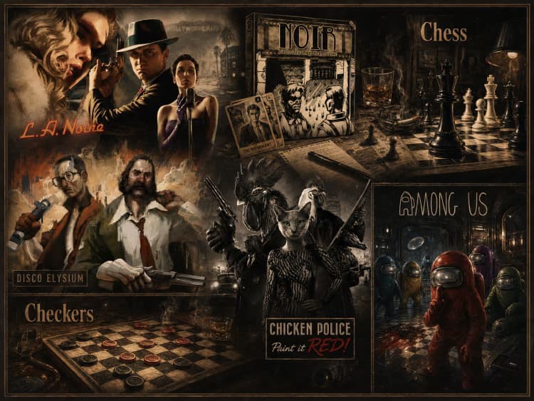 Alibi noir deduction game board with character cards and hidden identities