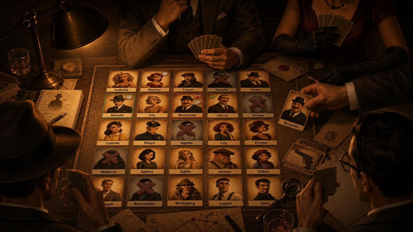 Possible hidden identities being narrowed down on the Alibi game board