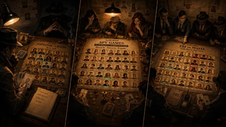 Inspector vs Mafia, Spy Games, and FBI vs Mafia modes in Alibi