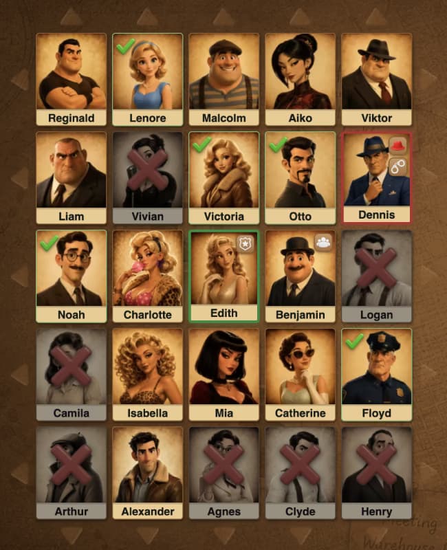 Alibi noir deduction game board with character cards and hidden identities