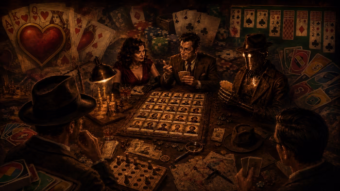 Alibi, Poker, Solitaire, UNO, and Hearts represented together as card games for logic and strategy