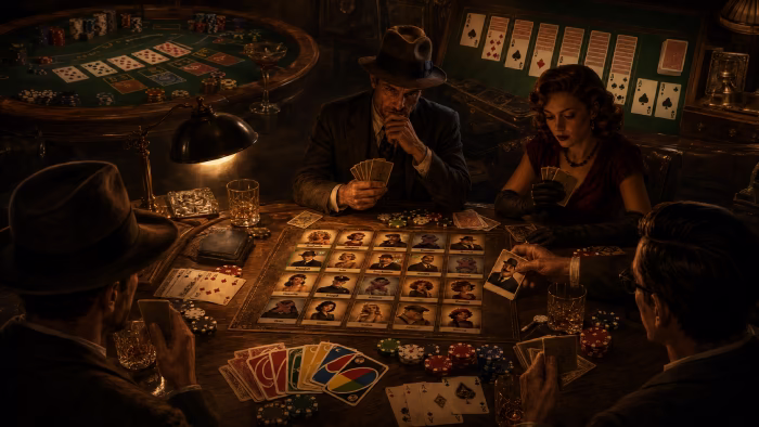 Alibi, Poker, Solitaire, Blackjack, and UNO represented together as online card games