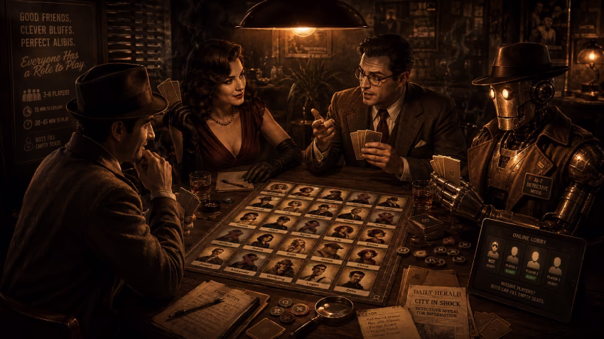Friends and a bot playing the Alibi party game around a shared board