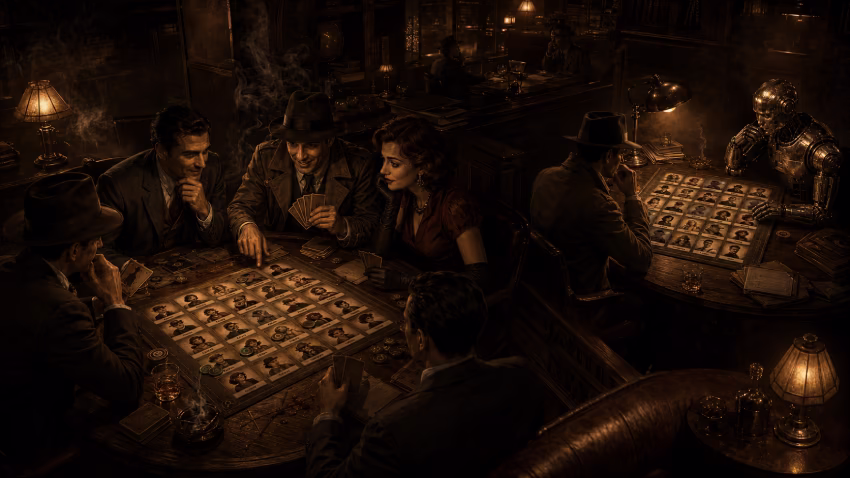 Two different Alibi party game tables playing at once in the same room