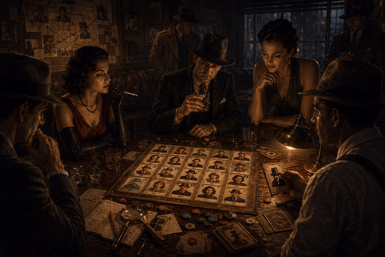 Friends leaning in to deduce suspects together during an Alibi party game session